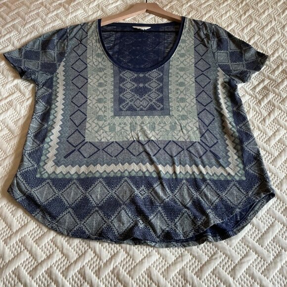 LUCKY BRAND Shirt Women’s L Navy Geometric Burnout Short Sleeve Boho Top Tee - Picture 3 of 10